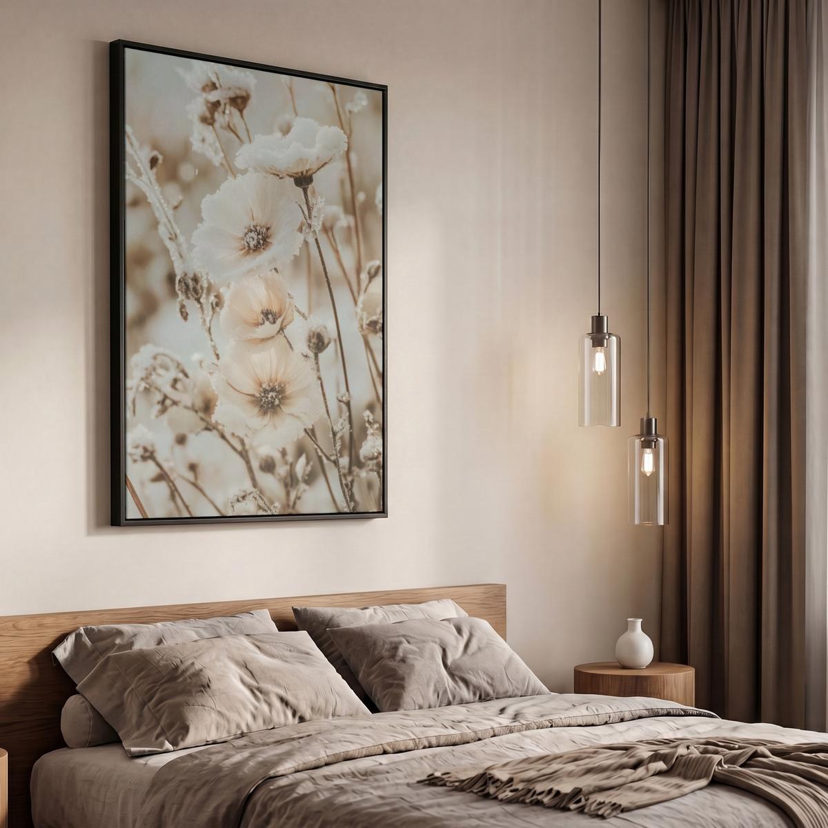 LEINWAND Bilder mit Rahmen - Blumen - Winter - Weiß - Schnee - Beige - 60x90 - Creme, Textil (60/90cm) - MuchoWow