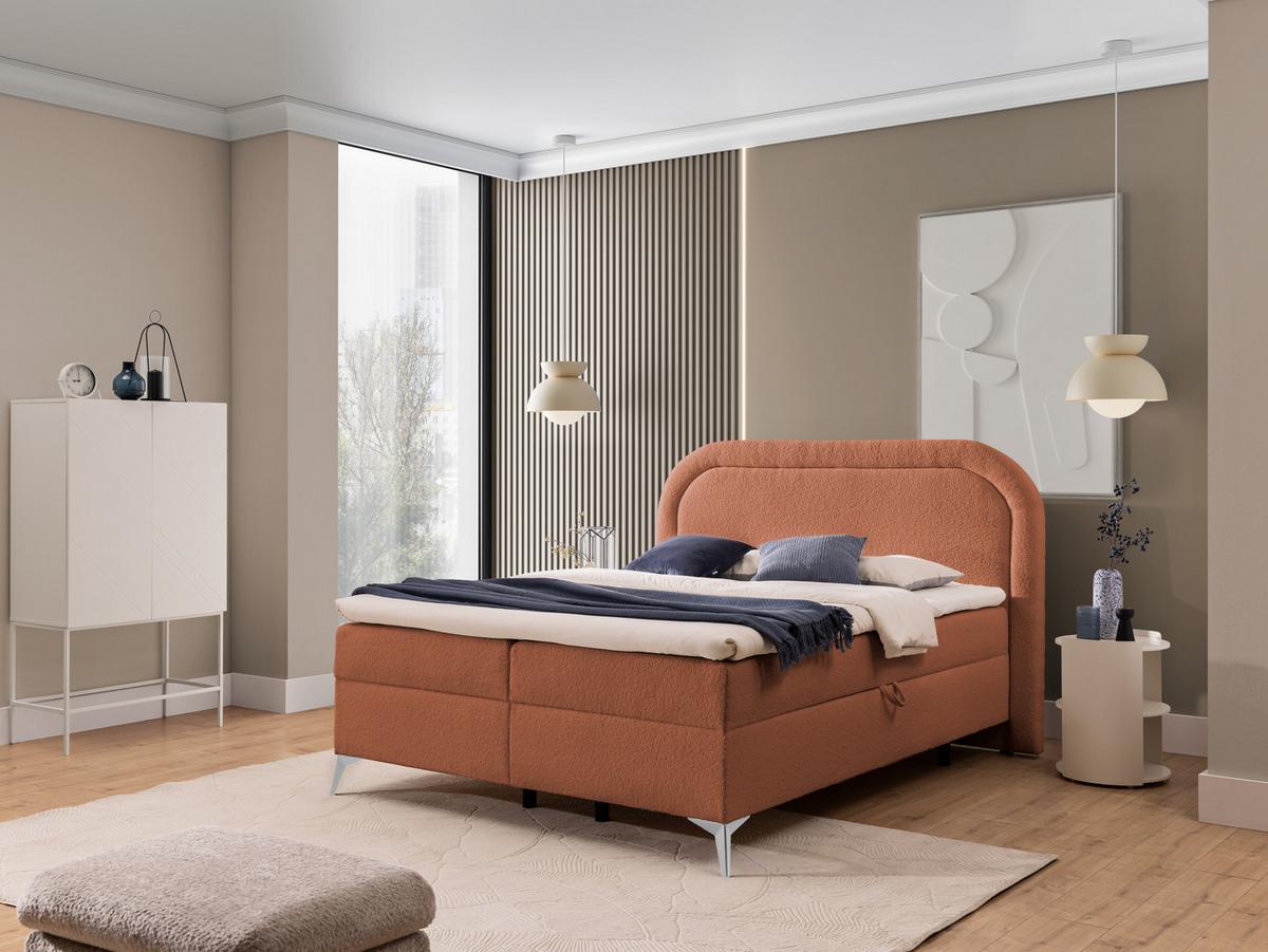 BOXBETT Sonna 160/200 cm Terrakotta Bouclé-Stoff mit abgerundetem Kopfteil und mit silbernen Metallfüßen - Silberfarben/Terracotta, Holz/Textil (160/200cm) - S-Style Möbel