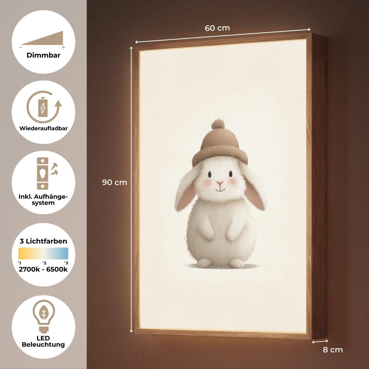 NACHTTISCHLAMPE MIT AKKU Kaninchen - Hut - Ohren - Beige 60x90 cm - Creme, Holzwerkstoff (8/60/90cm) - OnlyWow
