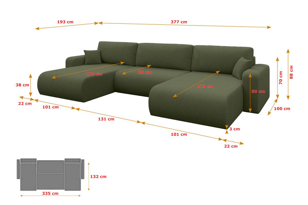 WOHNLANDSCHAFT mit Schlaffunktion und Bettkasten BERY-U 377x193x88 Grün Bouclé - Schwarz/Olivgrün, Holzwerkstoff/Kunststoff (377/88/193cm) - ALTDECOR