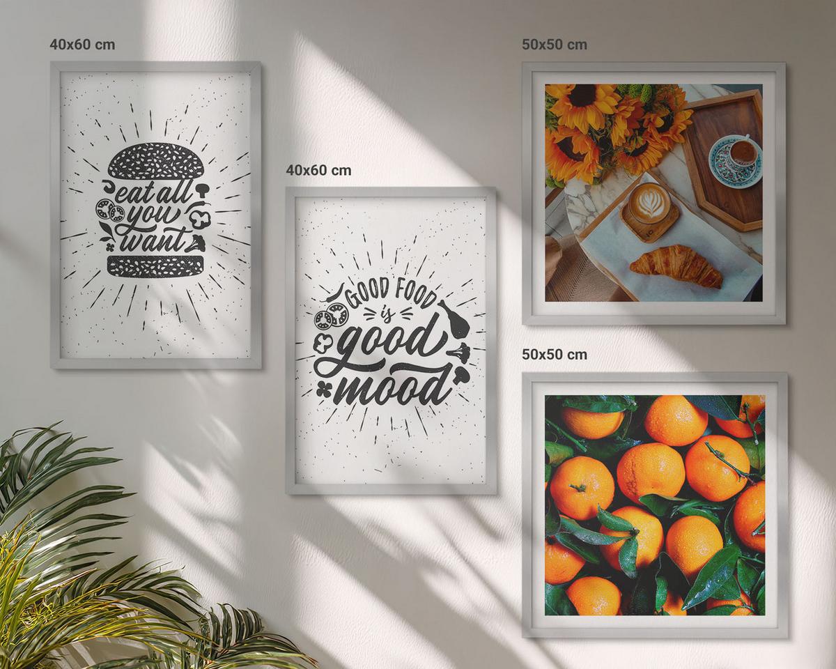 BILDER SET 4er Set - 50x50 cm & 40x60 cm Silberner Rahmen - Juicy Oranges Kitchen - Silberfarben, Kunststoff (50/50cm) - TULUP