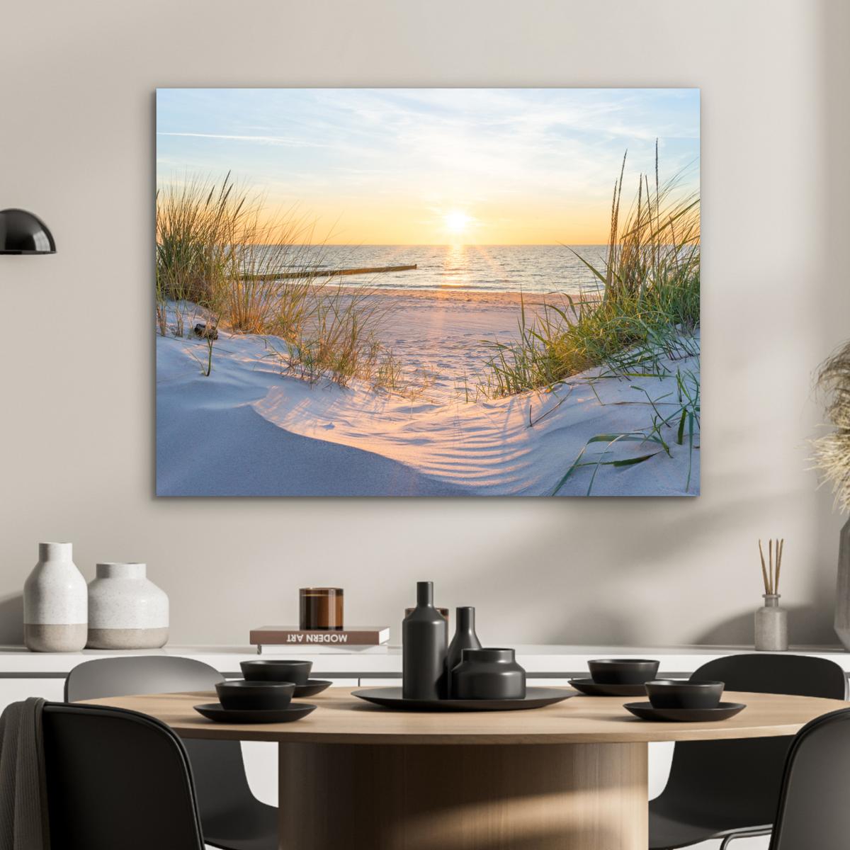 METALLBILD Strand - Sonne - Düne - Gras - Sand - Horizont 80x60 cm - Hellblau, Metall (80/60cm) - MuchoWow