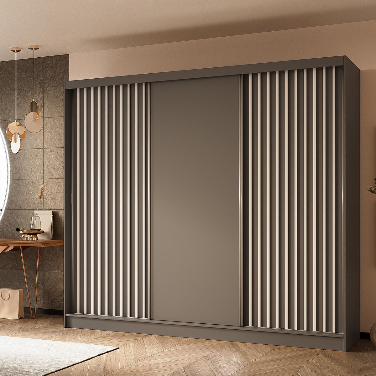 SCHWEBETÜRENSCHRANK Helios II 240/216/61 grau+weiß mit Schubladen - Weiß/Grau, Holzwerkstoff (240/216/61cm) - Beautysofa