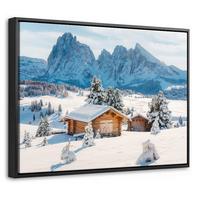 LEINWAND Bilder mit Rahmen - Winter - Hütte - Berge - Aussicht - Schnee - 40x30 - Eichefarben, Textil (40/30cm) - MuchoWow