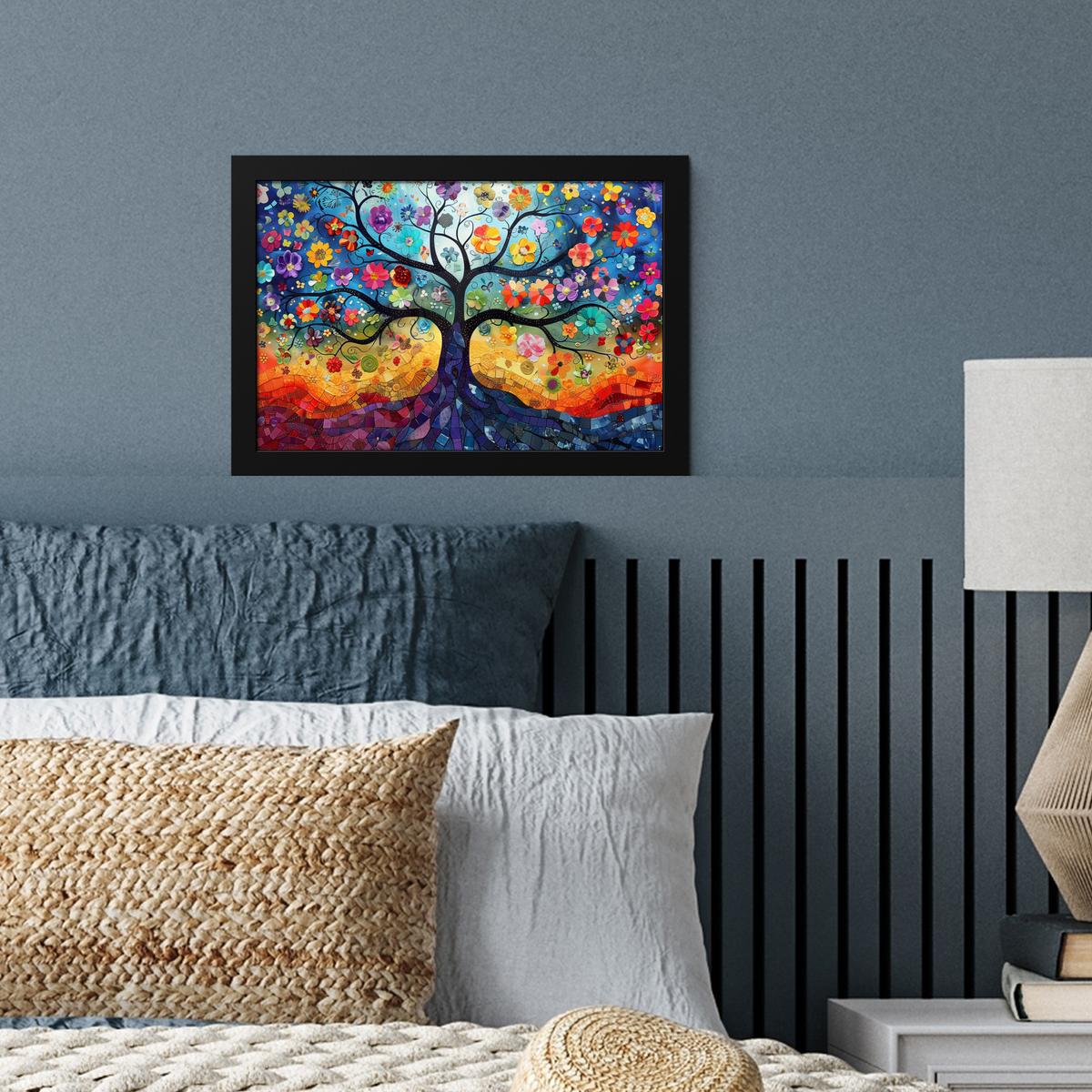 POSTER MIT RAHMENGERAHMTES BILD Kunst - Baum des Lebens - Blumen - Hippie 30x20 cm - Dunkelblau, Papier (30/20cm) - MuchoWow