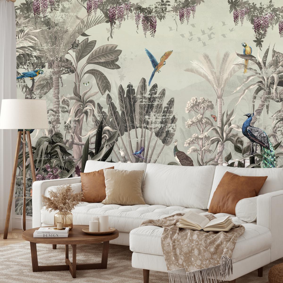 FOTOTAPETE für Wohnzimmer Vintage Tropenwald Palmen Papageien 350x256 - Beige/Grün, Papier (350/256cm) - Muralo