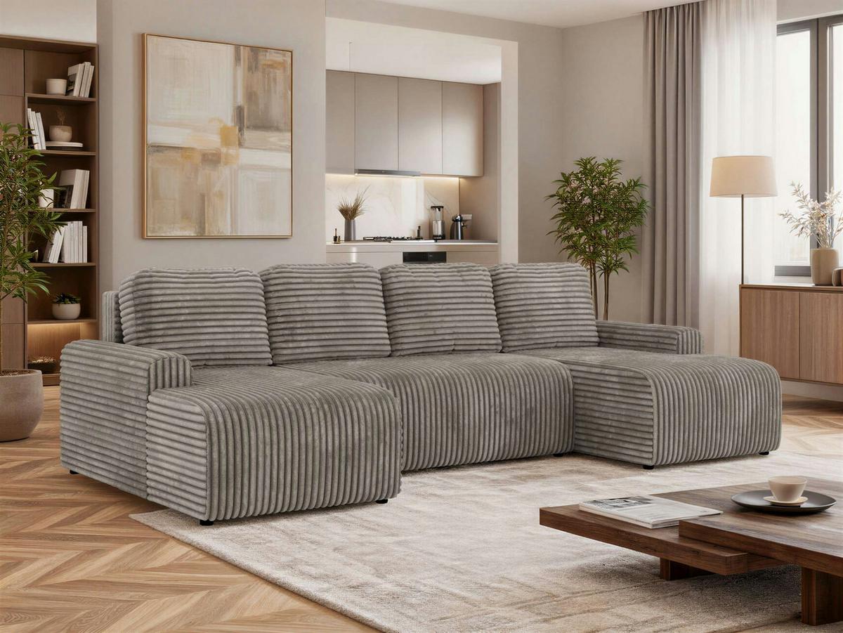 WOHNLANDSCHAFT NESSARO U Hellbraun Cord - Hellbraun/Schwarz, Kunststoff/Textil (312/92/151cm) - MKS
