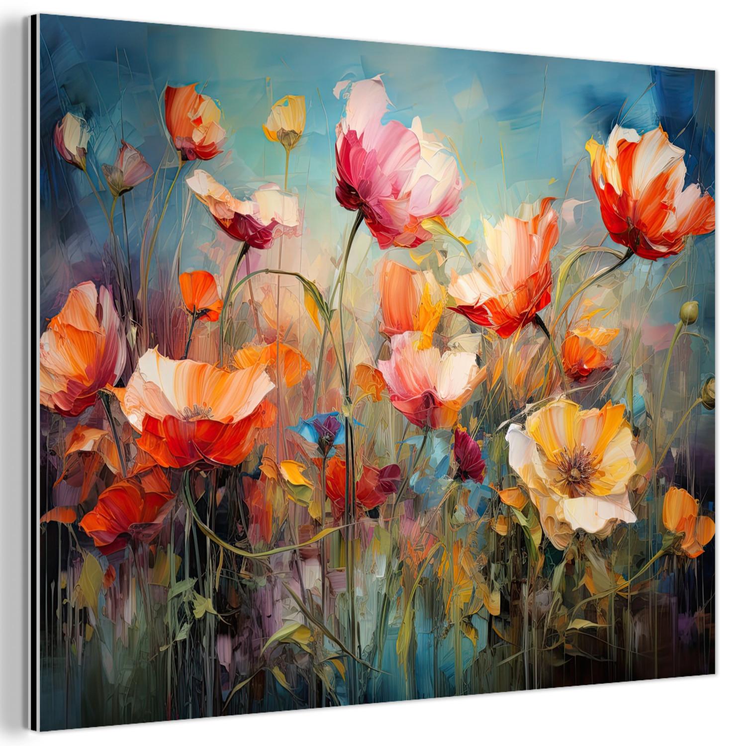 METALLBILD Blumen - Aquarell - Kunst - Botanisch - Natur 40x30 cm - Orange, Metall (40/30cm) - MuchoWow