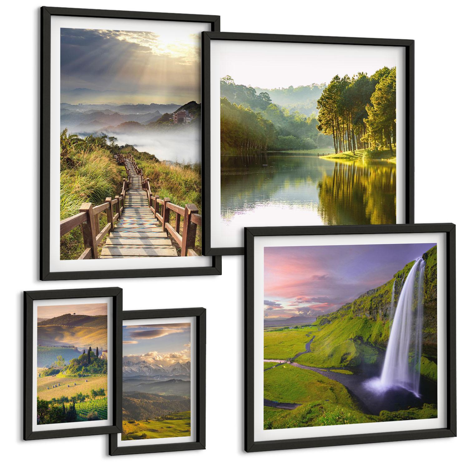 BILDER SET 5er Set - 50x50 cm & 20x30 cm & 40x60 cm Schwarzer Rahmen - Aquarell von grünen tropischen Blättern - Schwarz, Kunststoff (40/60cm) - TULUP