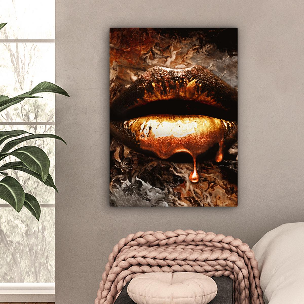 LEINWANDBILD Gold - Lippen - Kunst - Gold - Luxus - Abstrakt Wandbild Wohnzimmer 60x80 cm - Kupferfarben, Textil (60/80cm) - MuchoWow