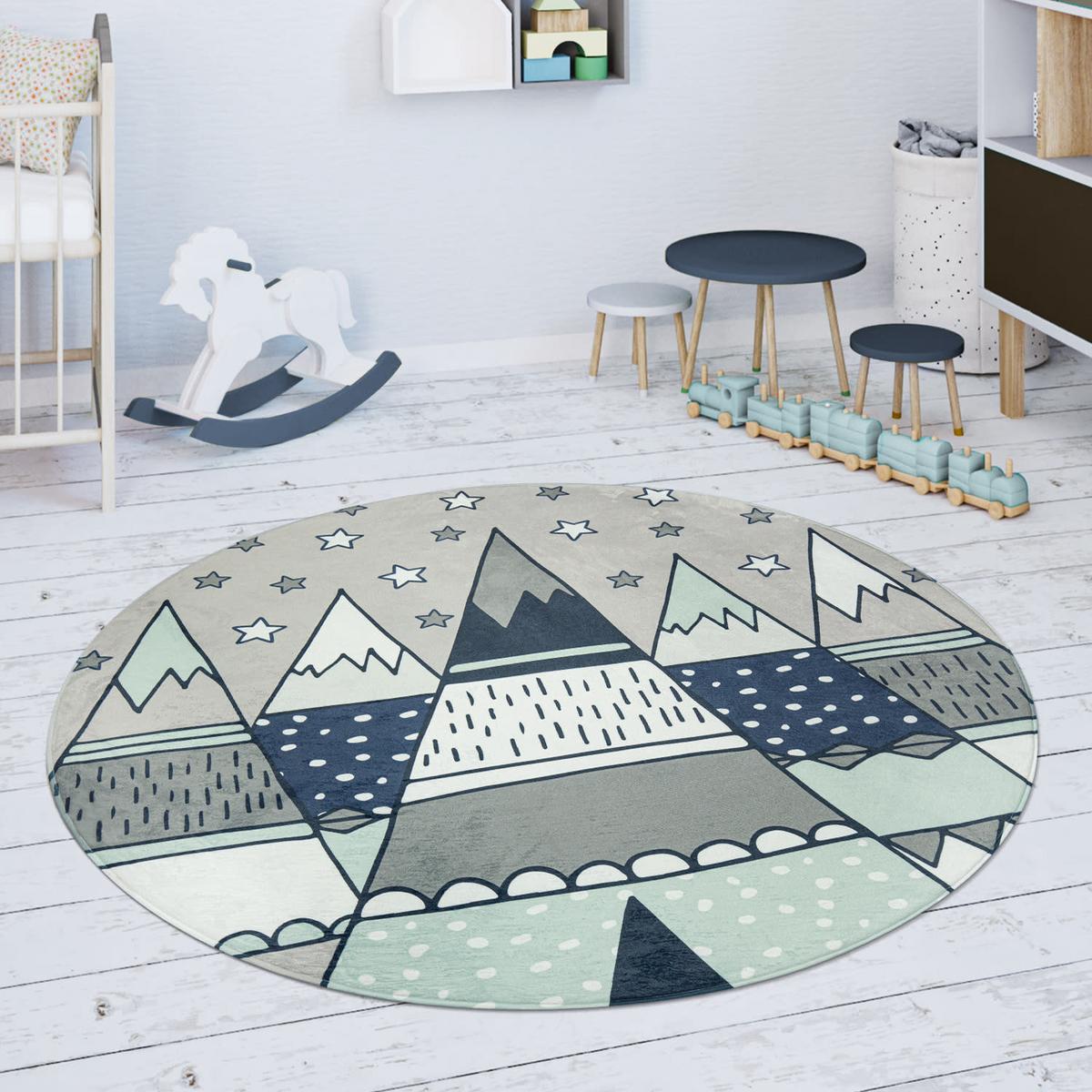 KINDERTEPPICH Waschbar, mit Bergmotiv, Grau, Ø 120 cm - Grau, Textil (120/120cm) - KADIMA DESIGN