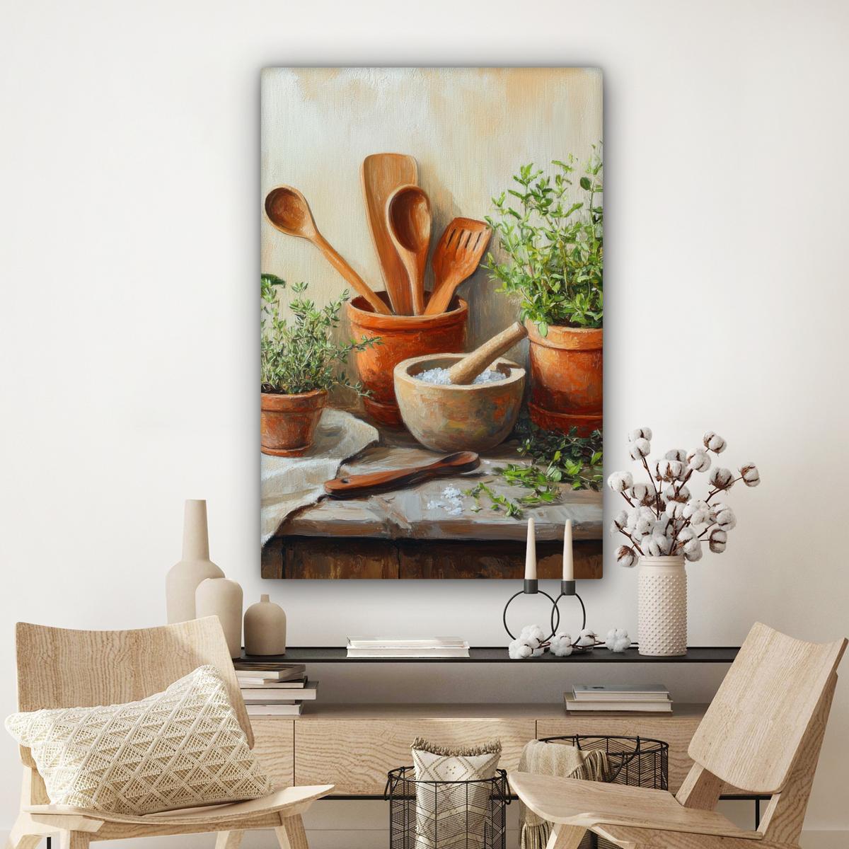 LEINWANDBILD Töpfe - Kräuter - Holz Deko XXL 80x120 cm - Terracotta, Textil (80/120cm) - MuchoWow