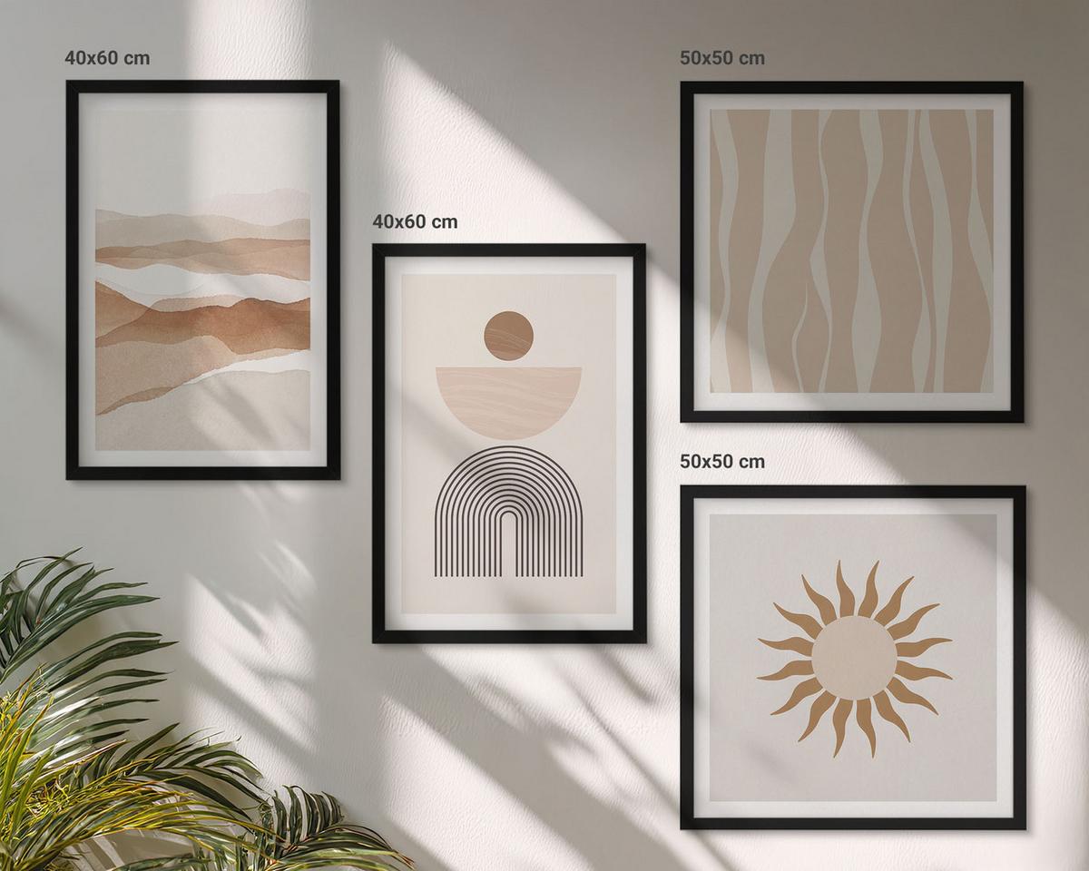 BILDER SET 4er Set - 50x50 cm & 40x60 cm Schwarzer Rahmen - Abstrakte Landschafts- und Naturgeometrie - Schwarz, Kunststoff (50/50cm) - TULUP