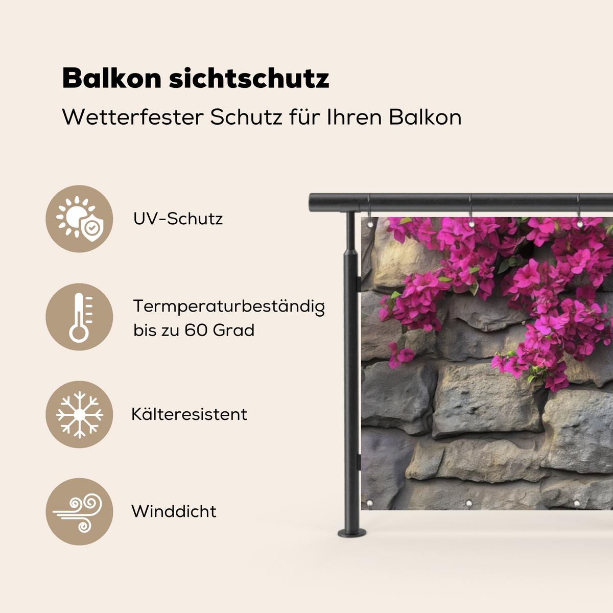 BALKON-SICHTSCHUTZ Bougainvillea - Steinmauer - Rosa Windschutz 300x100 cm - Magenta, Kunststoff (300/100cm) - MuchoWow
