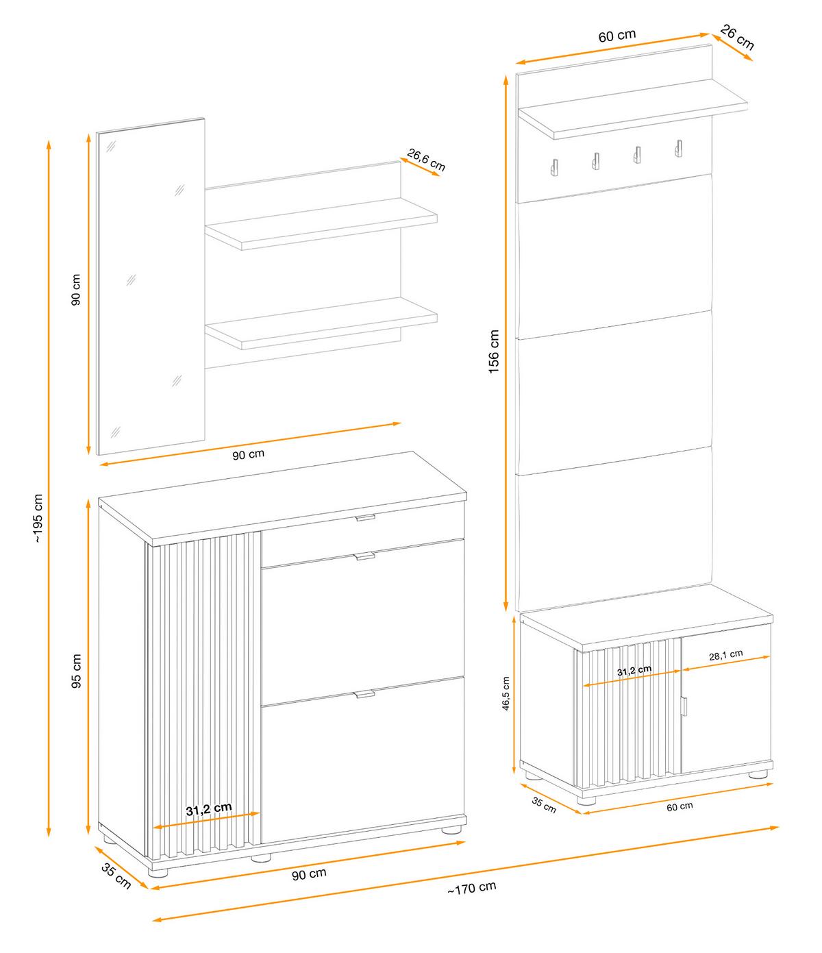 GARDEROBE Set 4-teilig Eiche Jackson, schwarz 250 cm, Garderobenkombination mit 3D-Lamellen - Eichefarben/Schwarz, Holzwerkstoff/Kunststoff (160/202/35cm) - Furn.Design