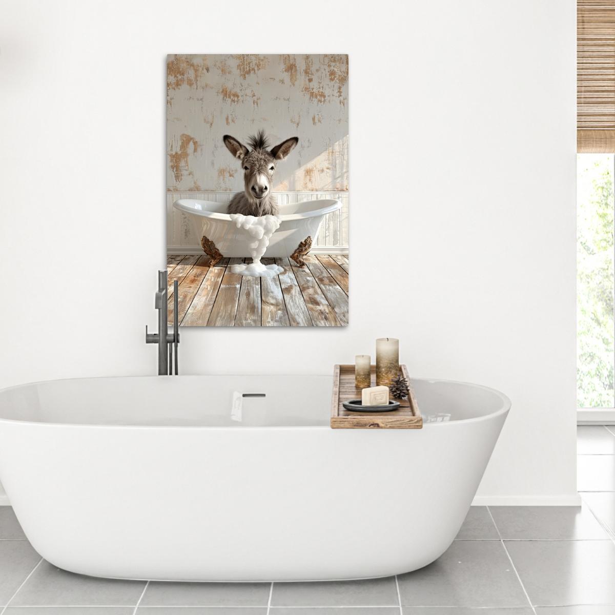 LEINWANDBILD Esel - Tiere - Badewanne - Schaumstoff Wanddeko Schlafzimmer 60x90 cm - Weiß, Textil (60/90cm) - MuchoWow