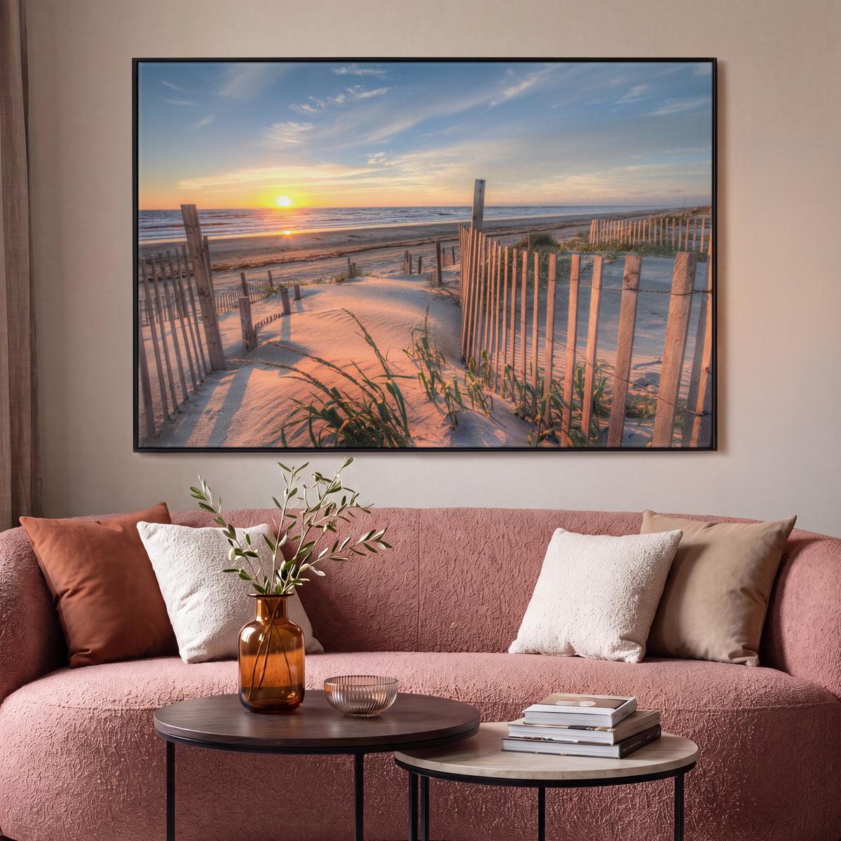 LEINWAND Bilder mit Rahmen - Strand - Meer - Düne - Sonnenuntergang - Landschaft - 140x90 - Beige, Textil (140/90cm) - MuchoWow