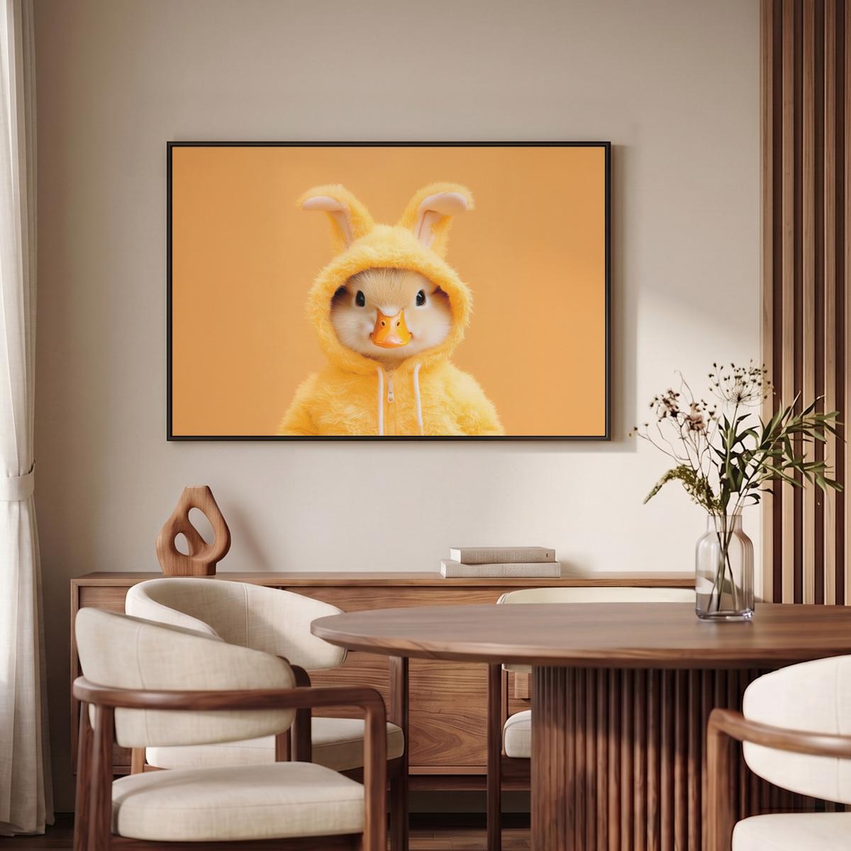 LEINWAND Bilder mit Rahmen - Osterhase - Kostüm - Ente - 90x60 - Gelb, Textil (90/60cm) - MuchoWow