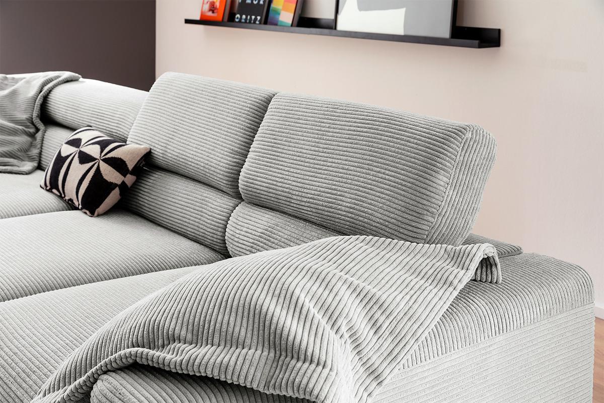 ECKSOFA MIT MOTORISCHEM SITZVORZUG DELIA Hellgrau Cord Relaxfunktion - Hellgrau/Schwarz, Textil/Metall (312/219cm) - KAWOLA