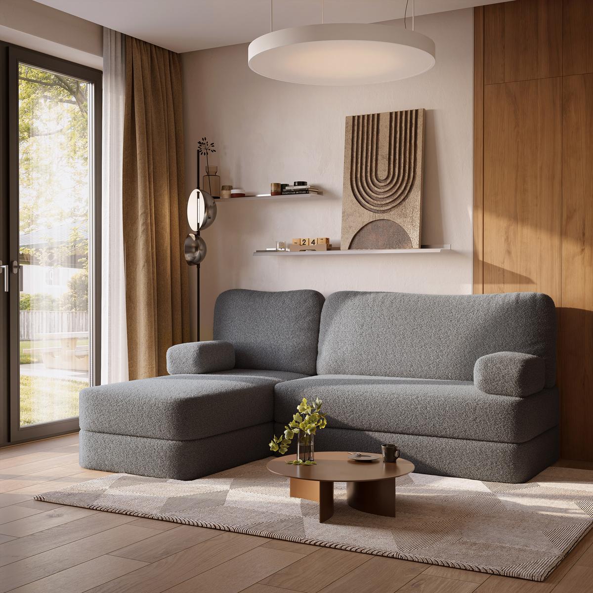 ECKSOFA SABI modulares Boneless Sofa mit Schlaffunktion Grau Boucle-Stoff - Grau, Textil (200/120cm) - MASSENO