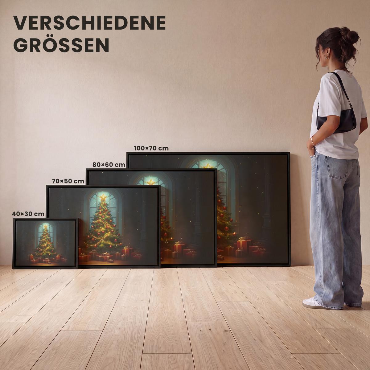 LEINWAND Bilder mit Rahmen - Weihnachtsbaum - Geschenk - Winter - 100x70 - Grün, Textil (100/70cm) - MuchoWow