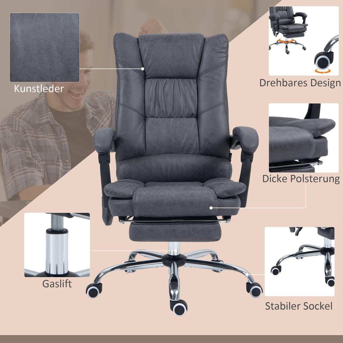 MASSAGE-BÜROSTUHL, Dunkelgrau - Dunkelgrau, Textil (70/118/64cm) - Vinsetto