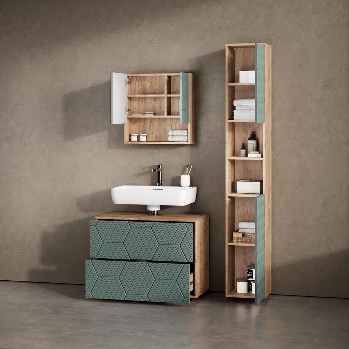 BADSPIEGELSCHRANK Ronco Grün/Goldkraft Eiche 54 x 55 cm - Honigeiche/Grün, Holzwerkstoff (54/55/17cm) - Livinity®