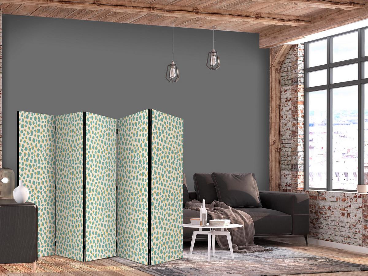 PARAVENT Einseitig Bedruckter 5-tlg 225x172 cm Türkise Punkte - Grün, Holz/Textil (225/172/3cm) - Muralo