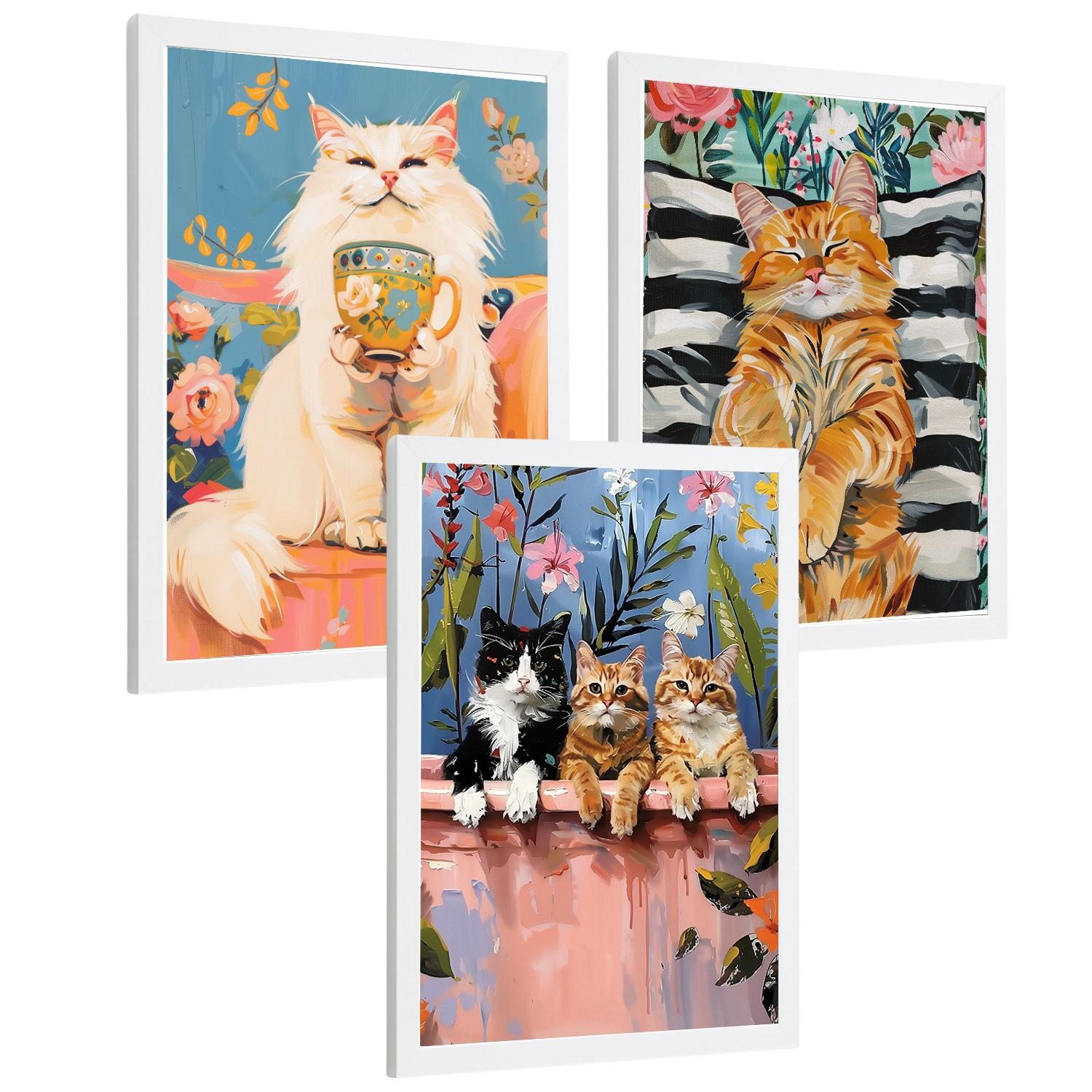 POSTER 3er Kunstdruck-Set Wandbilder Katzen modern Wohnzimmer Deko, Schlafzimmer, Küche, Badezimmer Weißer Rahmen A3 - Weiß, Papier (29.7/1/42cm) - Nacnic