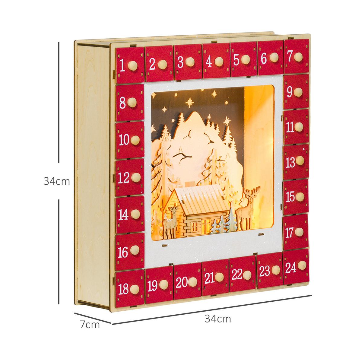 ADVENTSKALENDER Weihnachtskalender 24 Schubladen mit LED-Lichtern MDF Rot - Rot, Holzwerkstoff (7/34/34cm) - HOMCOM