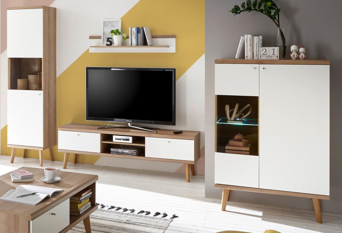 WOHNWAND weiß Eiche Riviera, Schrankwand skandinavisch 4-teilig 320 x 197 cm - Eichefarben/Weiß, Holzwerkstoff/Metall (320/197/40cm)