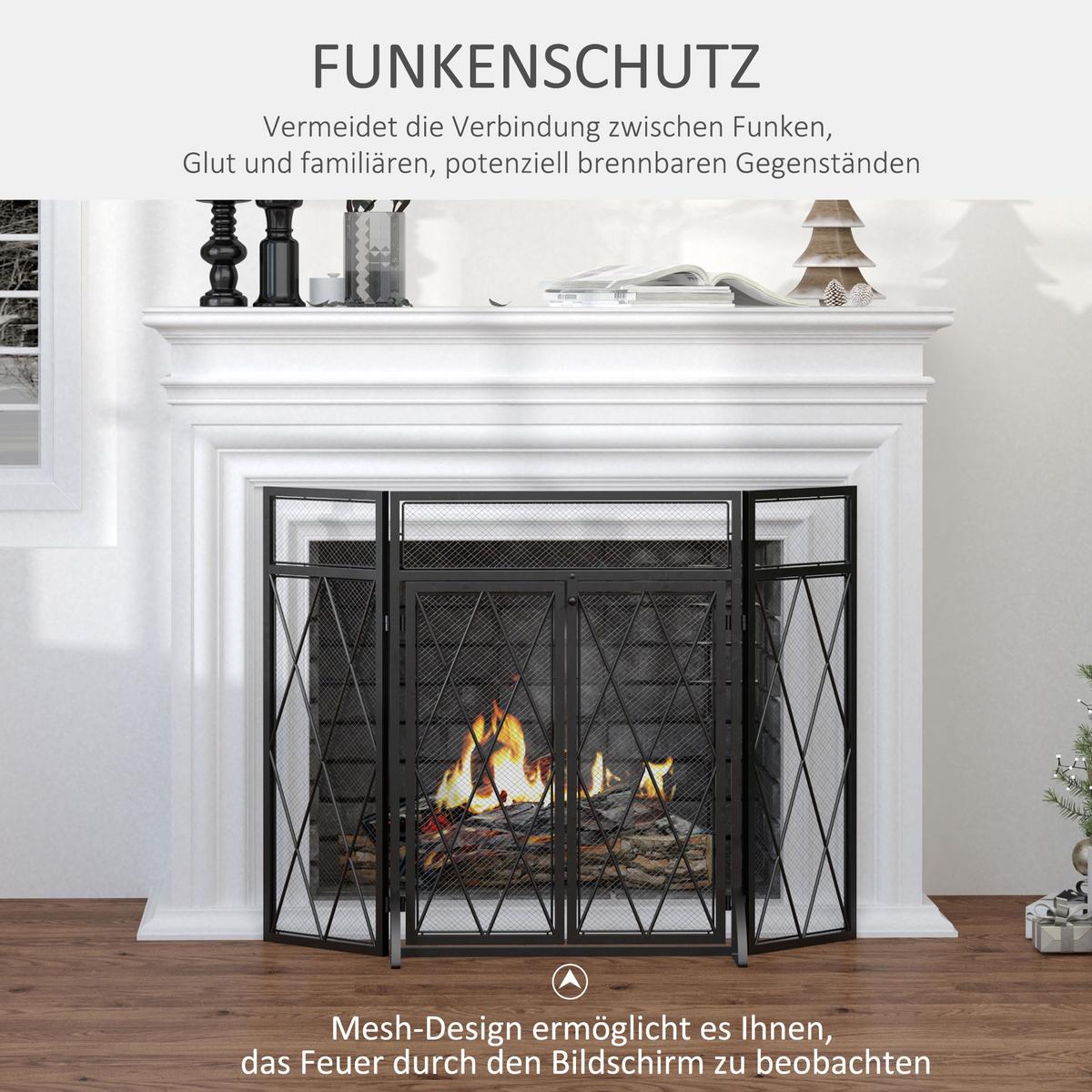 KAMINSCHIRM Schmiedeeisen dreiteilige Design Doppeltüren Metall Schwarz - Schwarz, Metall (120/79/120cm) - HOMCOM