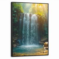 LEINWAND Bilder mit Rahmen - Wasserfall - Dschungel - Sonne - Grün - Natur - 70x100 - Grün, Textil (70/100cm) - MuchoWow