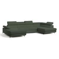 WOHNLANDSCHAFT RUBANO R-S Grün Boucle-Stoff mit Schlaffunktion - Grün, Holz (339/89/190cm) - MASSENO