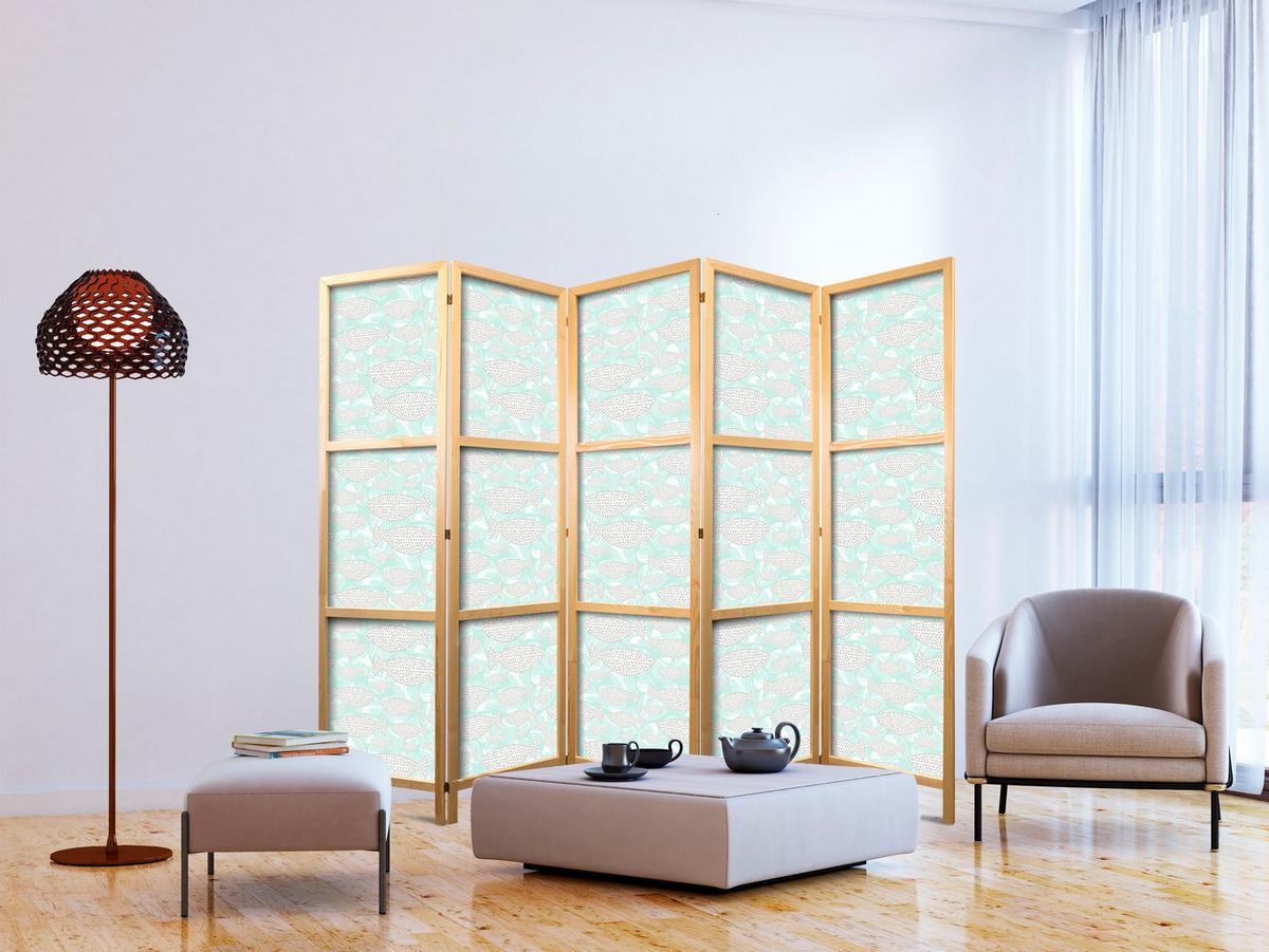 PARAVENT Japanischer 5-tlg 225x172 cm Gepunktete Fische - Grün, Holz/Textil (225/172/3cm) - Muralo