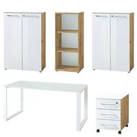 BÜRO-SET MUENCHEN 5-teilig | Glasfront Abschließbar | Schreibtisch, Container, 2 Schränke, Regal | Chalet-Eiche-Nb./Weiß - Weiß/Braun, Holzwerkstoff/Metall (415/120/80cm) - KADIMA DESIGN