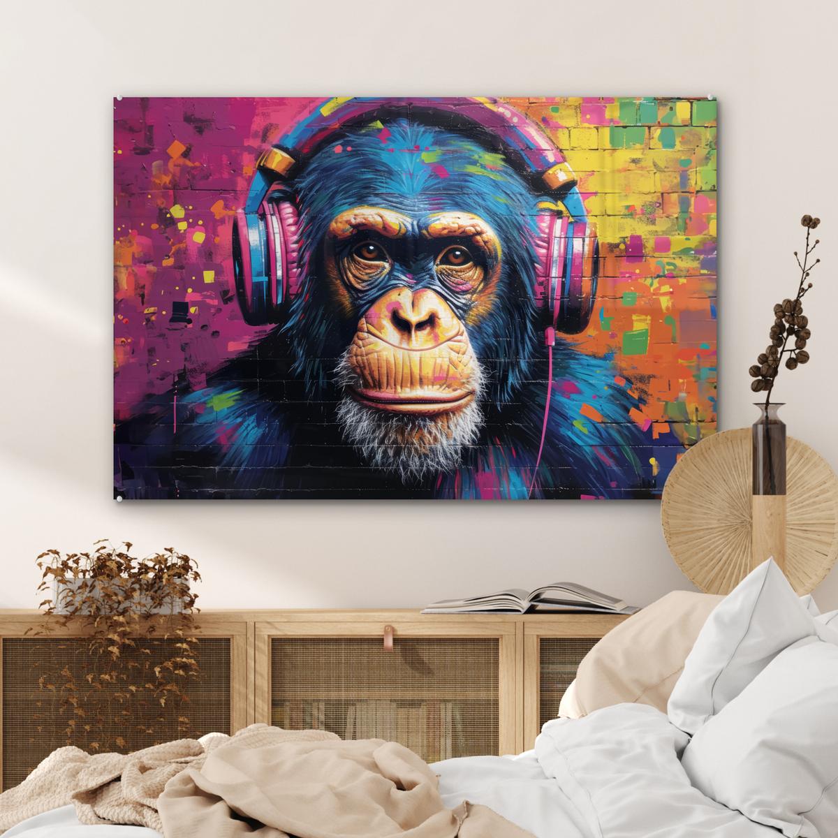 ACRYLGLASBILD Graffiti - Schimpanse - Straßenkunst - Kopfhörer - Affe Room Decor 90x60 cm - Blau, Glas (90/60cm) - MuchoWow