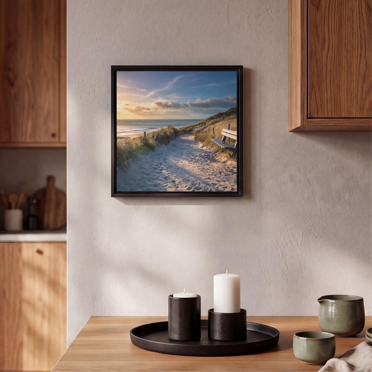 LEINWAND Bilder mit Rahmen - Sonnenuntergang - Strand - Düne - Gras - Ufer - 20x20 - Sandfarben, Textil (20/20cm) - MuchoWow