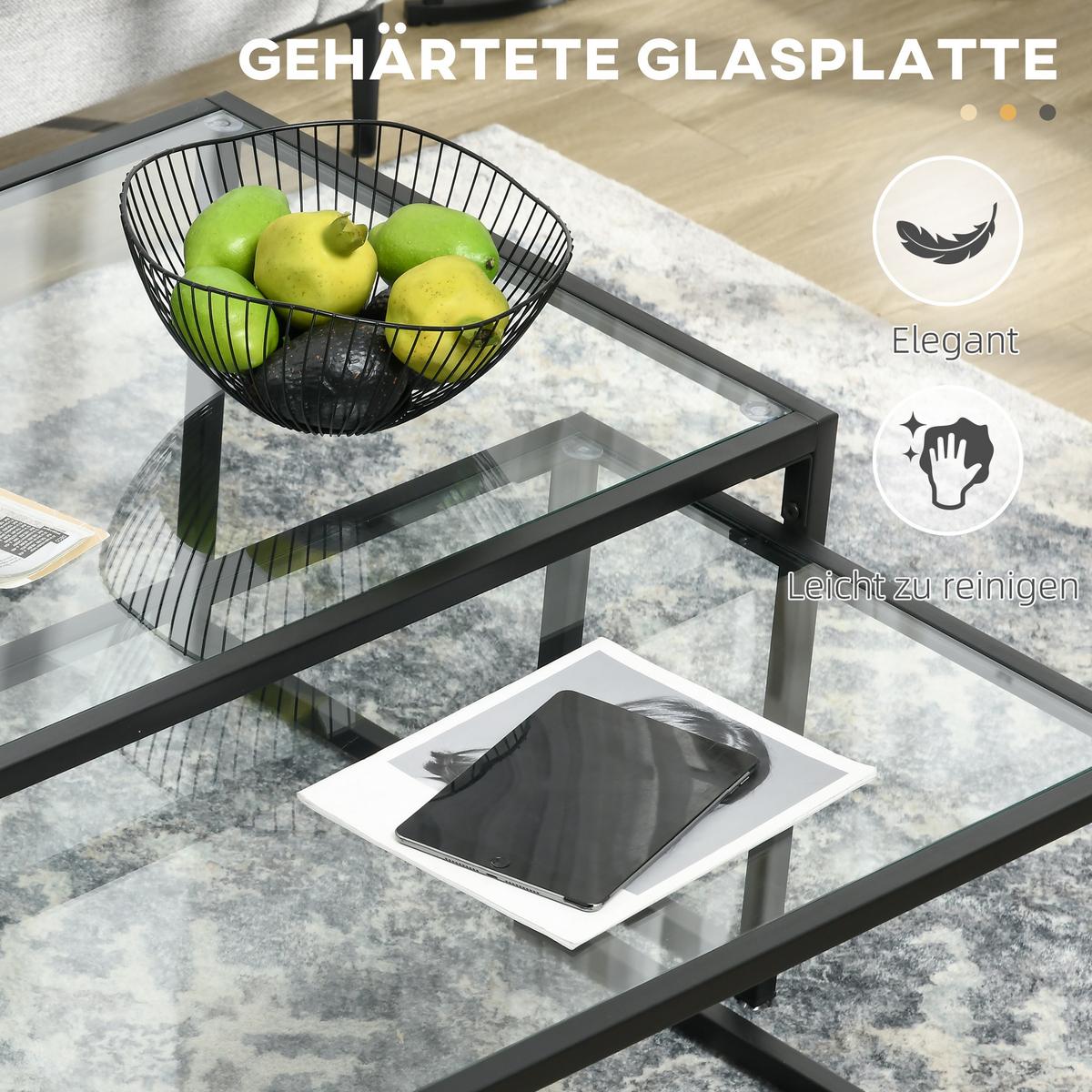 COUCHTISCH 2er-Set Beistelltisch, Kaffeetisch, Satztisch, Glastisch, Stahl - Transparent, Glas/Metall (119/56/44.5cm) - HOMCOM