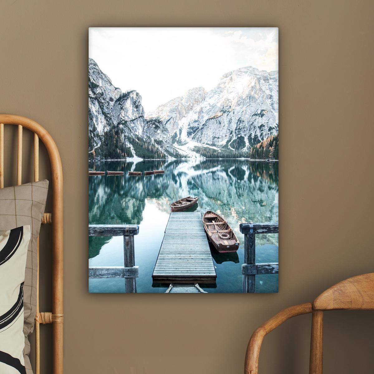 LEINWANDBILD Natur - Berge - Schnee - Wald - Boot Wandbild Wohnzimmer 60x80 cm - Hellgrün, Textil (60/80cm) - MuchoWow