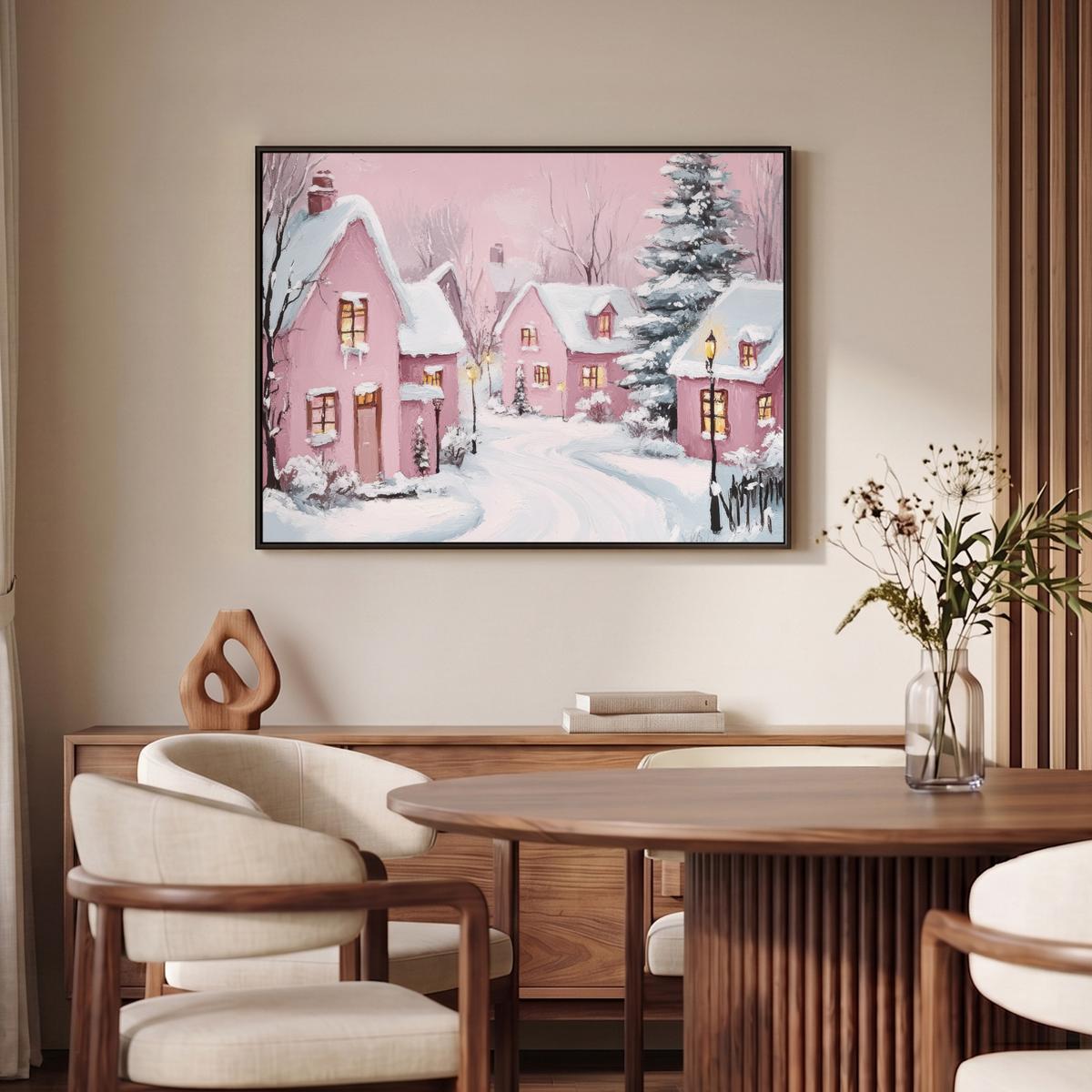 LEINWAND Bilder mit Rahmen - Weihnachtsdorf - Rosa - Winter - Schnee - Häuser - 100x70 - Altrosa, Textil (100/70cm) - MuchoWow