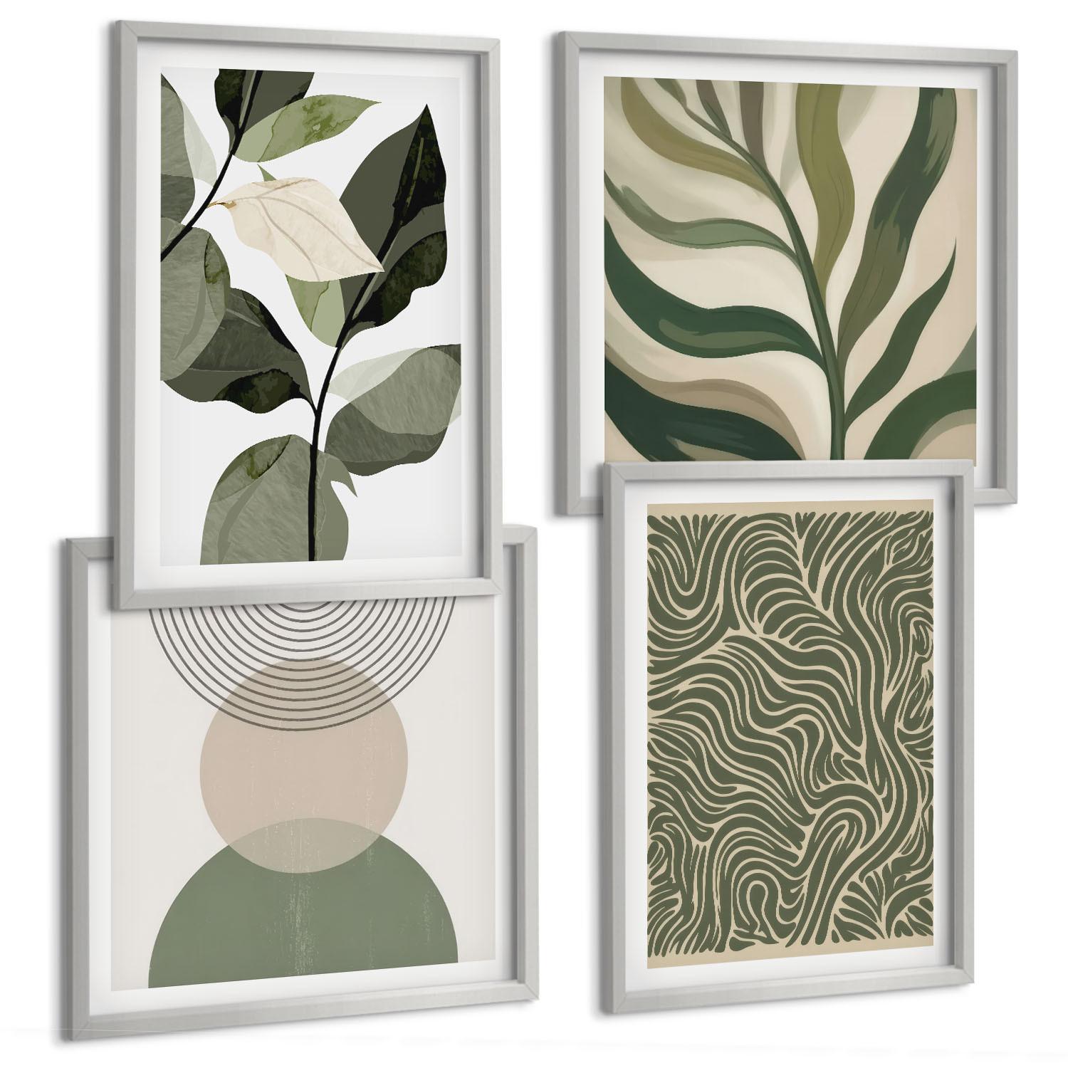 BILDER SET 4er Set - 50x50 cm & 40x60 cm Silberner Rahmen - Blätter geometrische Formen abstrakt - Silberfarben, Kunststoff (50/50cm) - TULUP