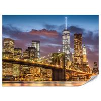 FOTOTAPETE für Wohnzimmer New York Nacht Brooklyn Bridge Wolkenkratzer 200x140 - Blau/Gelb, Papier (200/140cm) - Muralo