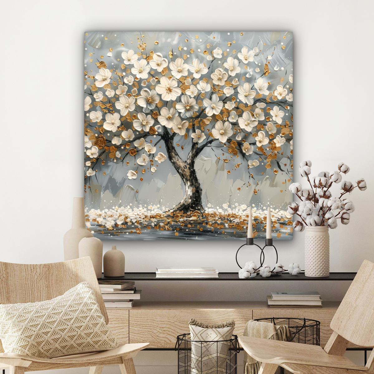 LEINWANDBILD Baum - Blumen - Weiß - Natur - Kunst Deko Groß 90x90 cm - Weiß, Textil (90/90cm) - MuchoWow