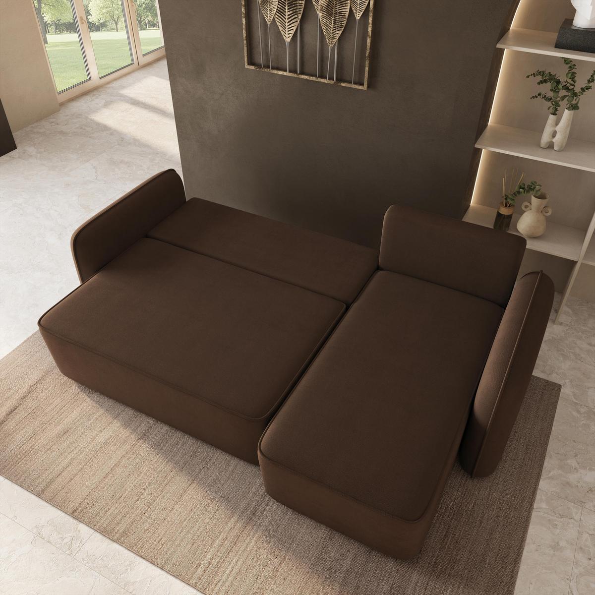ECKSOFA DOLVER Braun Plüsch-Stoff mit Schlaffunktion - Braun, Holz (238/156cm) - MASSENO