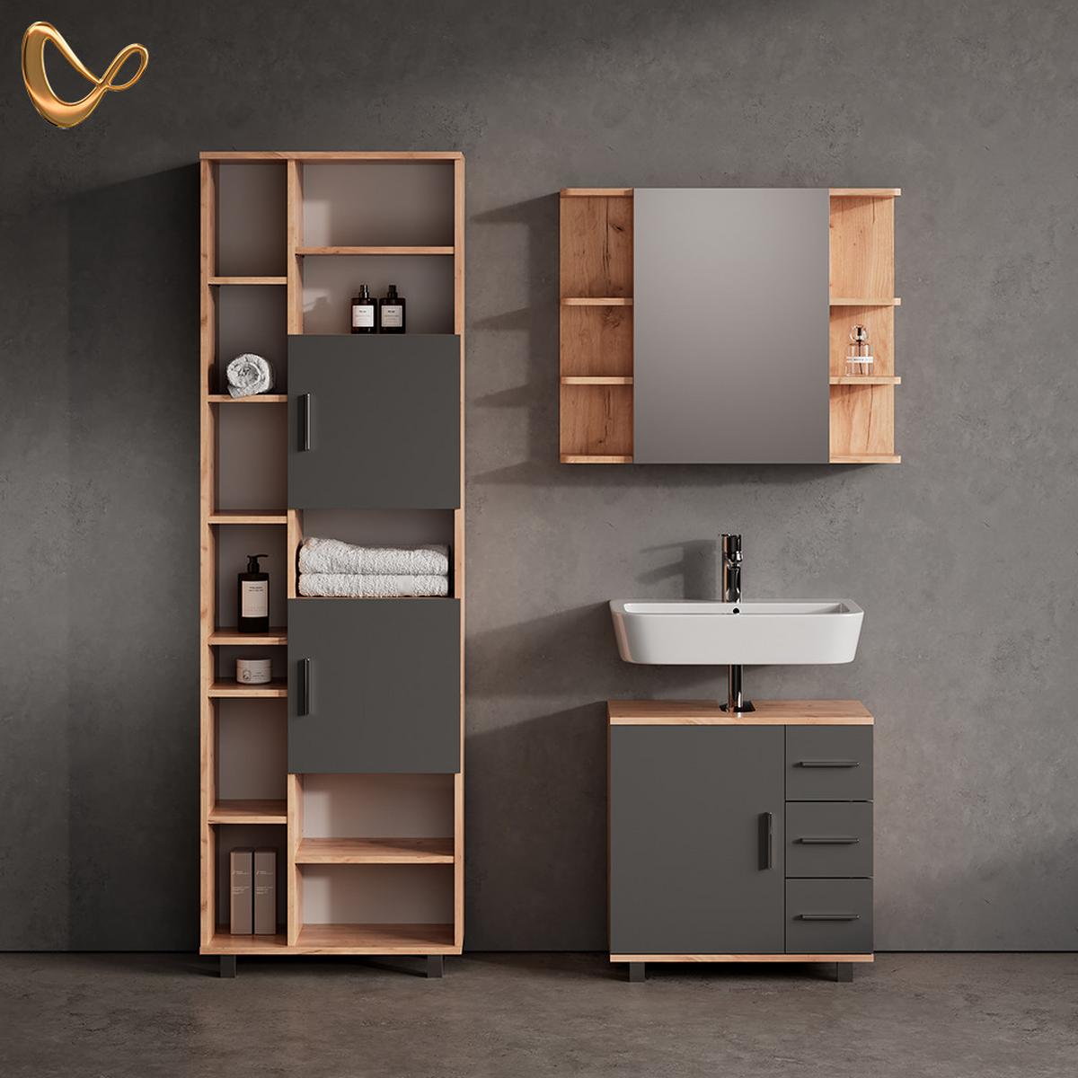 BADMÖBEL-SET Eisak Eiche 3 Teile, mit Unterschrank 60 cm - Eichefarben, Holzwerkstoff (60/60/33cm) - Livinity®
