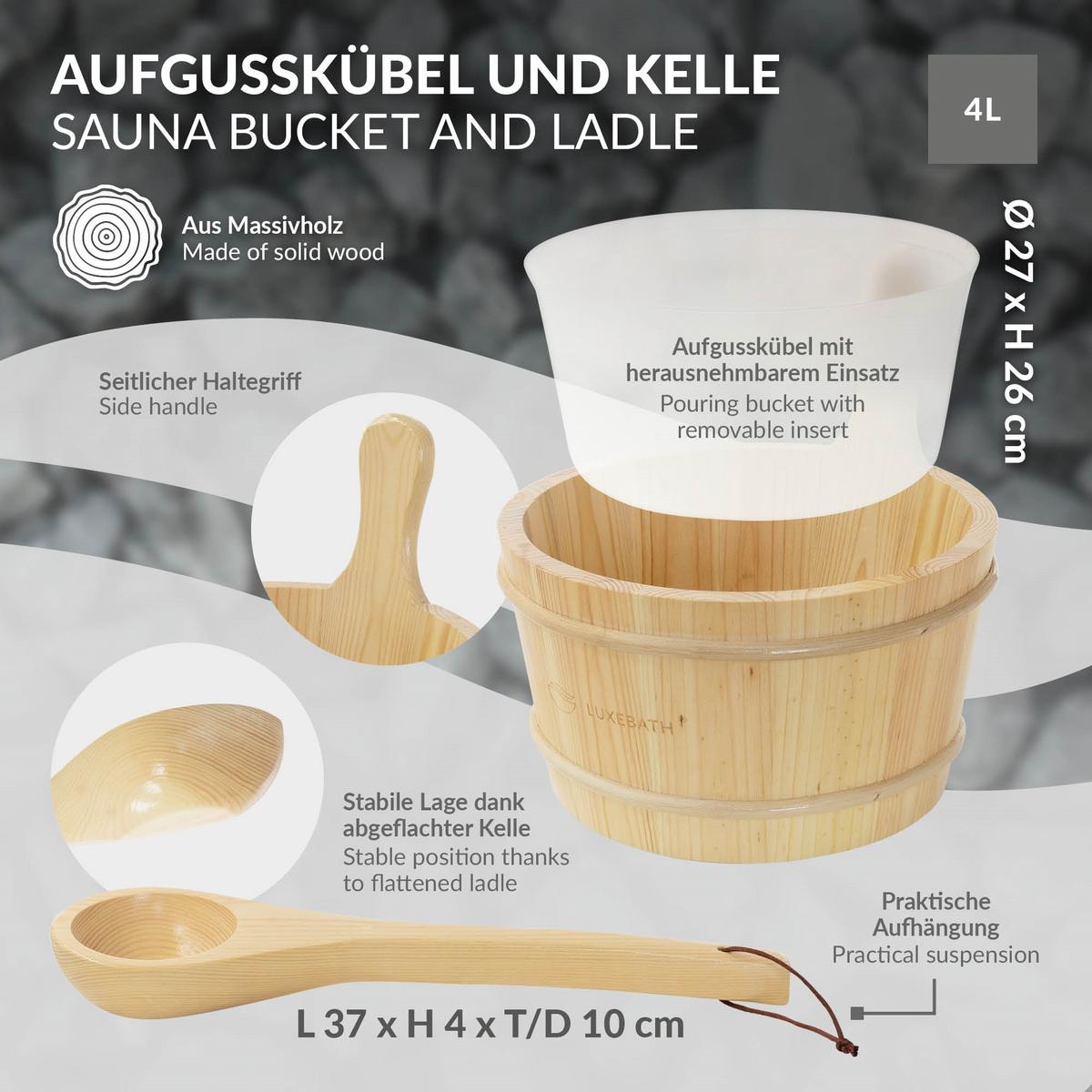 SAUNAZUBEHÖR-SET aus Kiefernholz mit Aufgusskübel und Schöpfkelle - Naturfarben, Holz (27/26/27cm) - LuxeBath