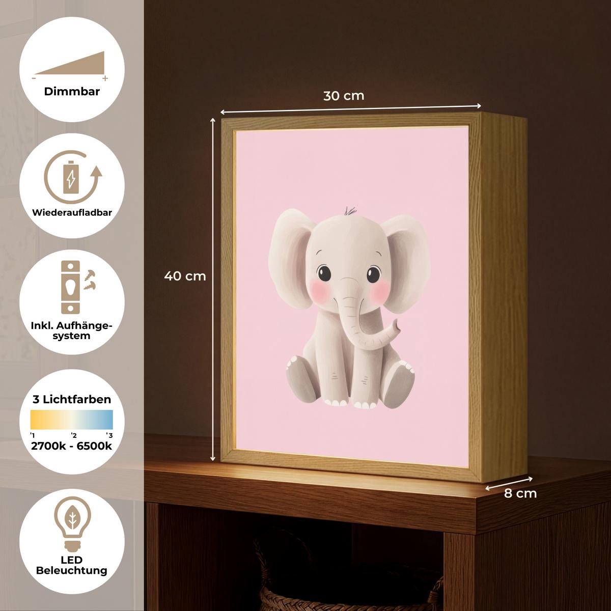 WANDLEUCHTE MIT AKKU Elefant - Baby - Rosa - Cartoon 30x40 cm - Hellrosa, Holzwerkstoff (30/40/8cm) - OnlyWow