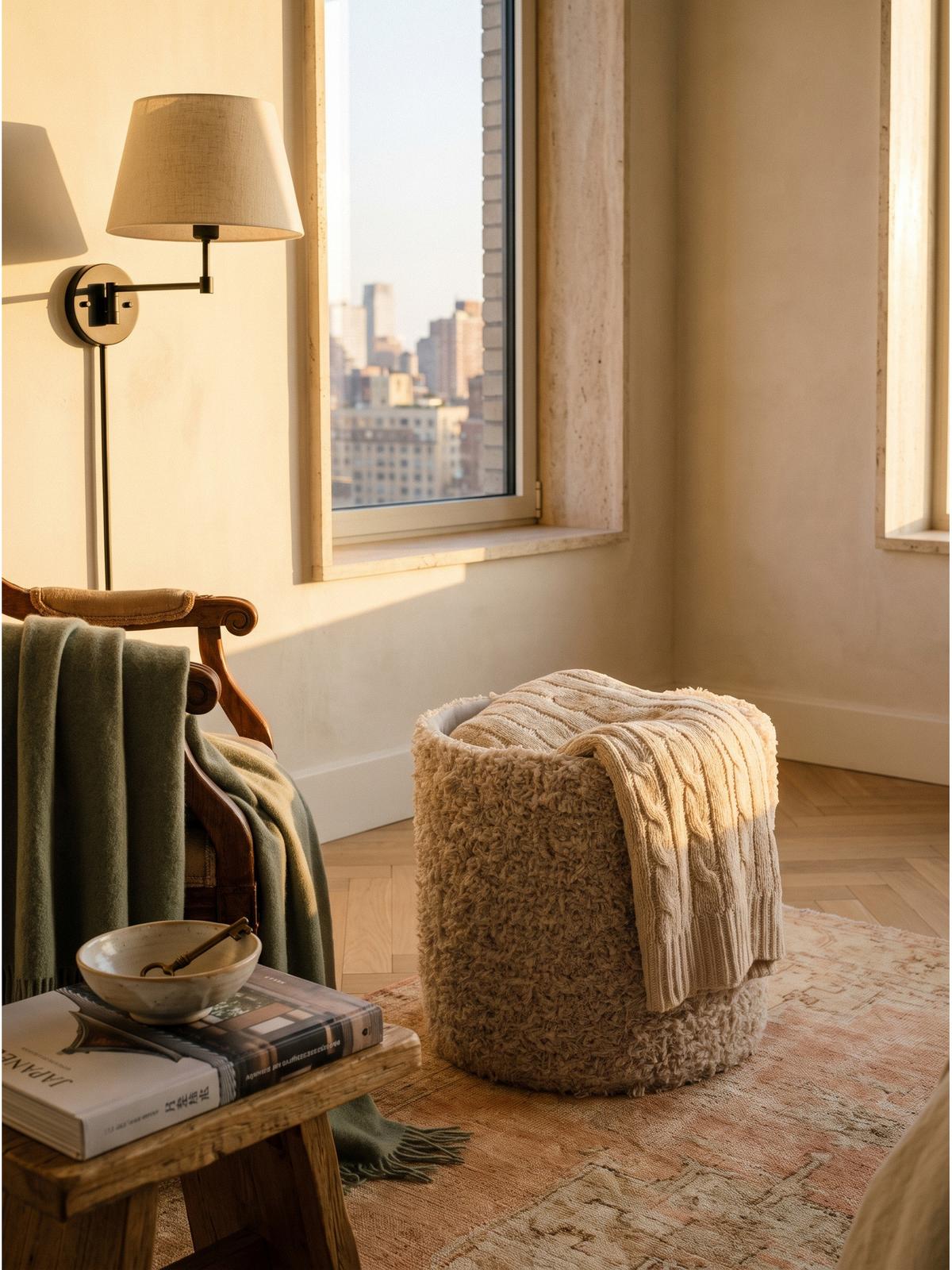 SITZHOCKER RHONE, Stoff, mit Textilbezug, Beige, Ø 40 x 45 cm - Beige, Textil (40/45/40cm) - KADIMA DESIGN