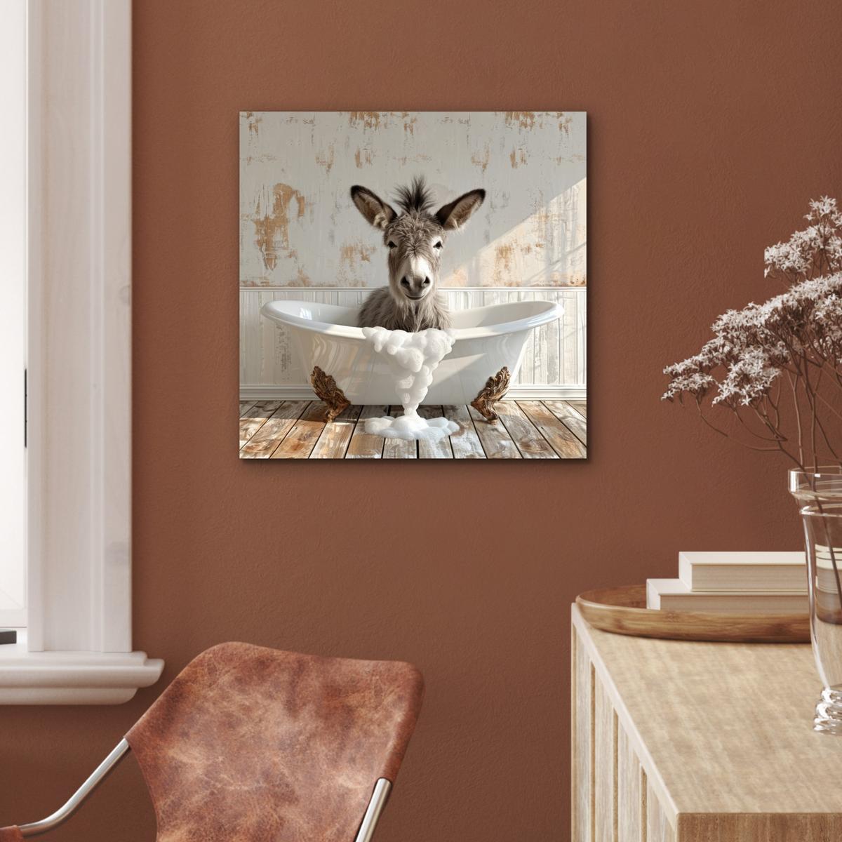 METALLBILD Esel - Tiere - Badewanne - Schaumstoff 50x50 cm - Weiß, Metall (50/50cm) - MuchoWow